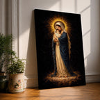 Madonna and Child devotional portrait showing the Virgin Mary holding the infant Jesus in her arms while standing on clouds with a radiant halo surrounding her head, presented in a traditional Catholic religious icon style emphasizing maternal imagery and the sacred relationship between Mary and the Christ child.