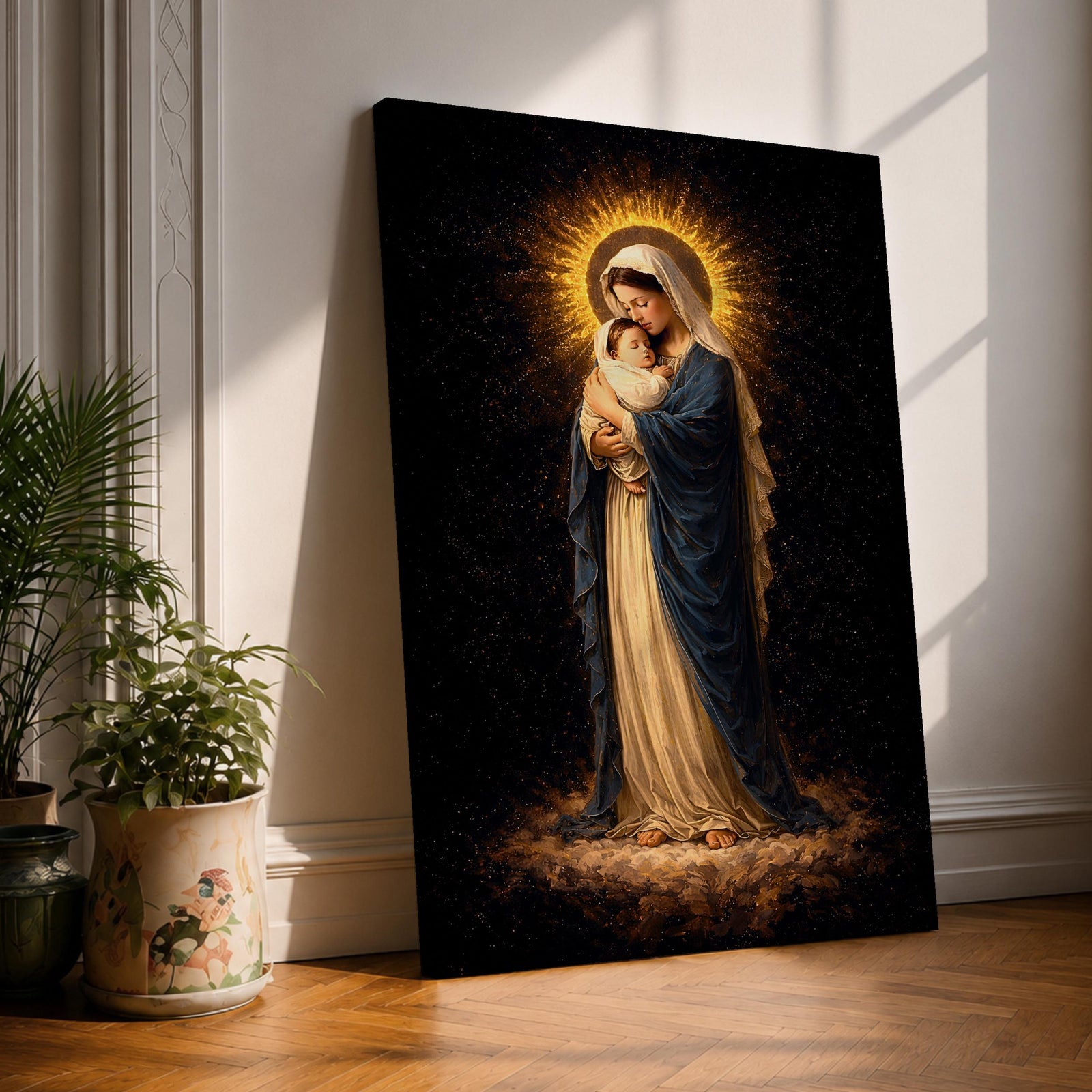 Madonna and Child devotional portrait showing the Virgin Mary holding the infant Jesus in her arms while standing on clouds with a radiant halo surrounding her head, presented in a traditional Catholic religious icon style emphasizing maternal imagery and the sacred relationship between Mary and the Christ child.