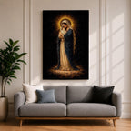 Madonna and Child devotional portrait showing the Virgin Mary holding the infant Jesus in her arms while standing on clouds with a radiant halo surrounding her head, presented in a traditional Catholic religious icon style emphasizing maternal imagery and the sacred relationship between Mary and the Christ child.