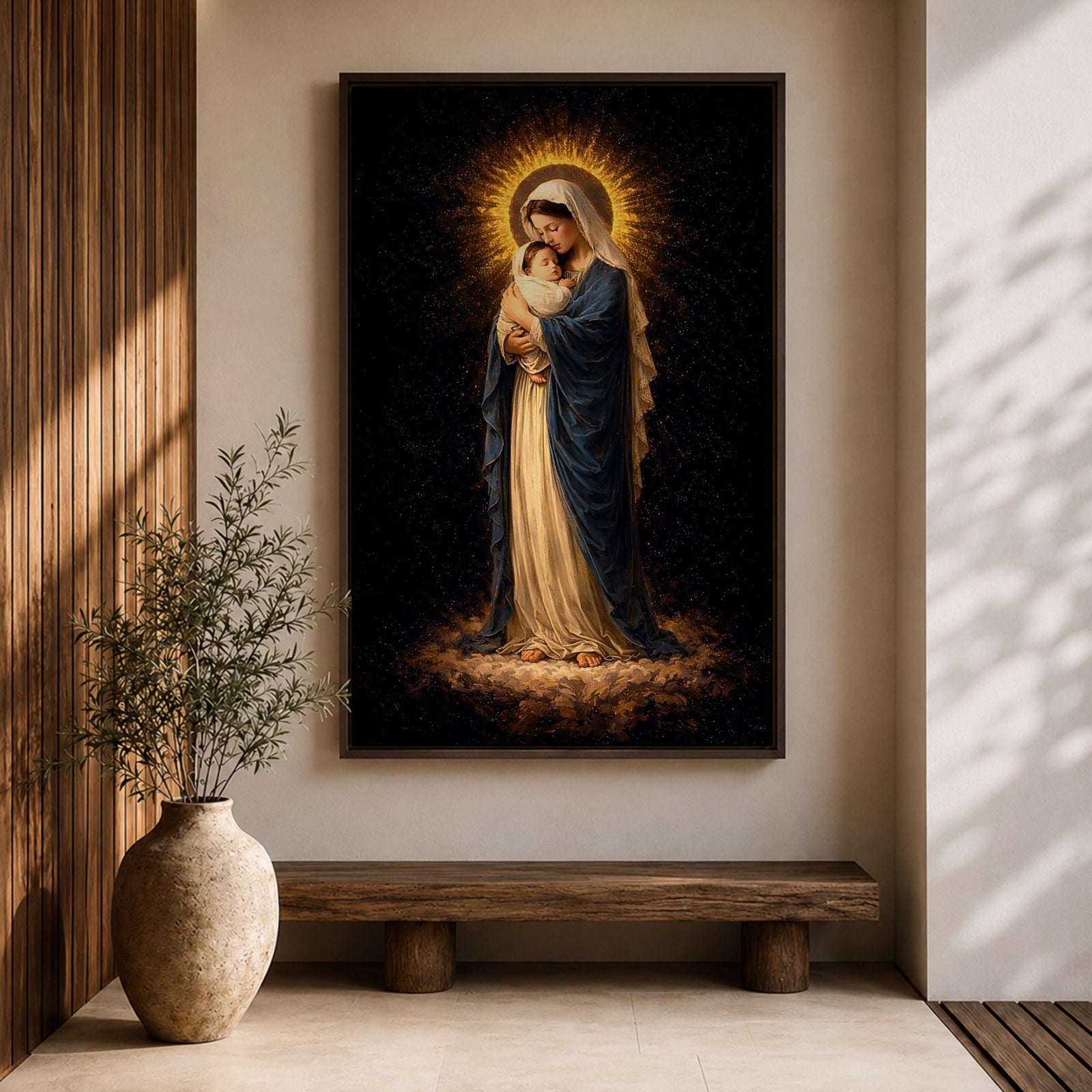 Madonna and Child devotional portrait showing the Virgin Mary holding the infant Jesus in her arms while standing on clouds with a radiant halo surrounding her head, presented in a traditional Catholic religious icon style emphasizing maternal imagery and the sacred relationship between Mary and the Christ child.