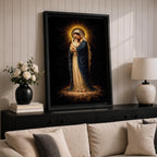 Madonna and Child devotional portrait showing the Virgin Mary holding the infant Jesus in her arms while standing on clouds with a radiant halo surrounding her head, presented in a traditional Catholic religious icon style emphasizing maternal imagery and the sacred relationship between Mary and the Christ child.