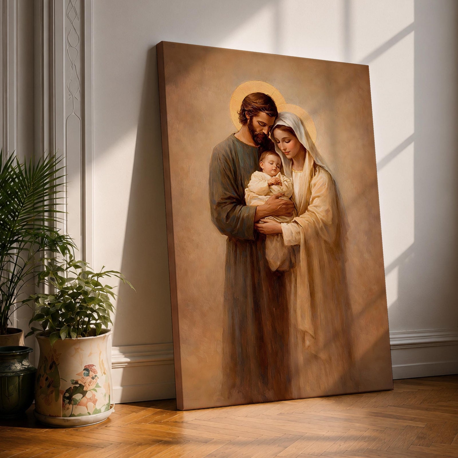 Holy Family devotional portrait showing Joseph and the Virgin Mary holding the infant Jesus together, their heads bowed close around the child in a traditional Christian religious composition. The figures are presented in a classic biblical family grouping associated with Catholic and Christian iconography of Jesus, Mary, and Joseph.