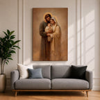 Holy Family devotional portrait showing Joseph and the Virgin Mary holding the infant Jesus together, their heads bowed close around the child in a traditional Christian religious composition. The figures are presented in a classic biblical family grouping associated with Catholic and Christian iconography of Jesus, Mary, and Joseph.