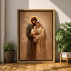 Holy Family devotional portrait showing Joseph and the Virgin Mary holding the infant Jesus together, their heads bowed close around the child in a traditional Christian religious composition. The figures are presented in a classic biblical family grouping associated with Catholic and Christian iconography of Jesus, Mary, and Joseph.