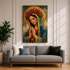 Portrait of the Virgin Mary shown with eyes closed and hands clasped in prayer while holding a rosary with a crucifix, wearing a mantle and veil beneath a circular floral crown, rendered with thick textured brushwork in an impasto painting style emphasizing devotional Catholic imagery and a traditional Madonna portrait format.