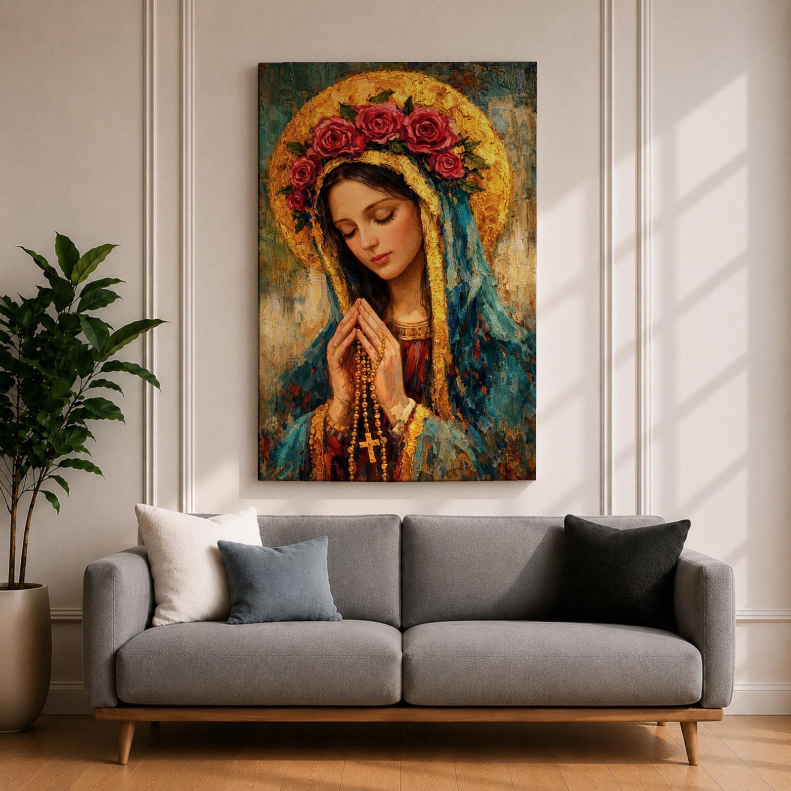 Portrait of the Virgin Mary shown with eyes closed and hands clasped in prayer while holding a rosary with a crucifix, wearing a mantle and veil beneath a circular floral crown, rendered with thick textured brushwork in an impasto painting style emphasizing devotional Catholic imagery and a traditional Madonna portrait format.
