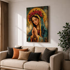 Portrait of the Virgin Mary shown with eyes closed and hands clasped in prayer while holding a rosary with a crucifix, wearing a mantle and veil beneath a circular floral crown, rendered with thick textured brushwork in an impasto painting style emphasizing devotional Catholic imagery and a traditional Madonna portrait format.