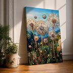 Tall dandelion flowers with spherical seed heads rise from a dense wildflower meadow filled with stems and small blossoms, rendered with intricate decorative detail resembling glasslike floral structures, set against distant mountains and an open sky, forming a layered botanical landscape composition.