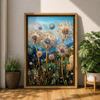 Tall dandelion flowers with spherical seed heads rise from a dense wildflower meadow filled with stems and small blossoms, rendered with intricate decorative detail resembling glasslike floral structures, set against distant mountains and an open sky, forming a layered botanical landscape composition.