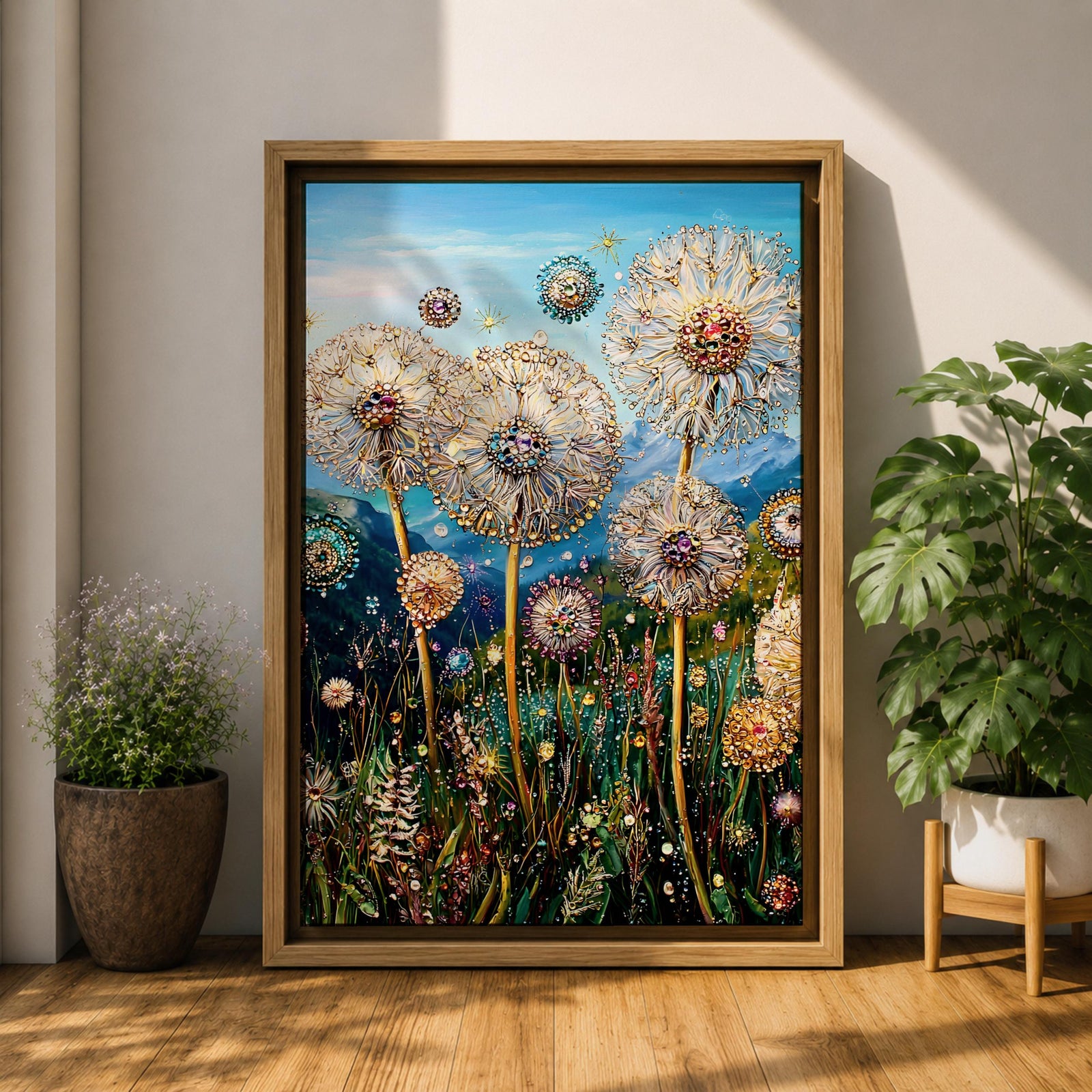 Tall dandelion flowers with spherical seed heads rise from a dense wildflower meadow filled with stems and small blossoms, rendered with intricate decorative detail resembling glasslike floral structures, set against distant mountains and an open sky, forming a layered botanical landscape composition.
