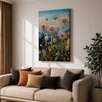 Tall dandelion flowers with spherical seed heads rise from a dense wildflower meadow filled with stems and small blossoms, rendered with intricate decorative detail resembling glasslike floral structures, set against distant mountains and an open sky, forming a layered botanical landscape composition.