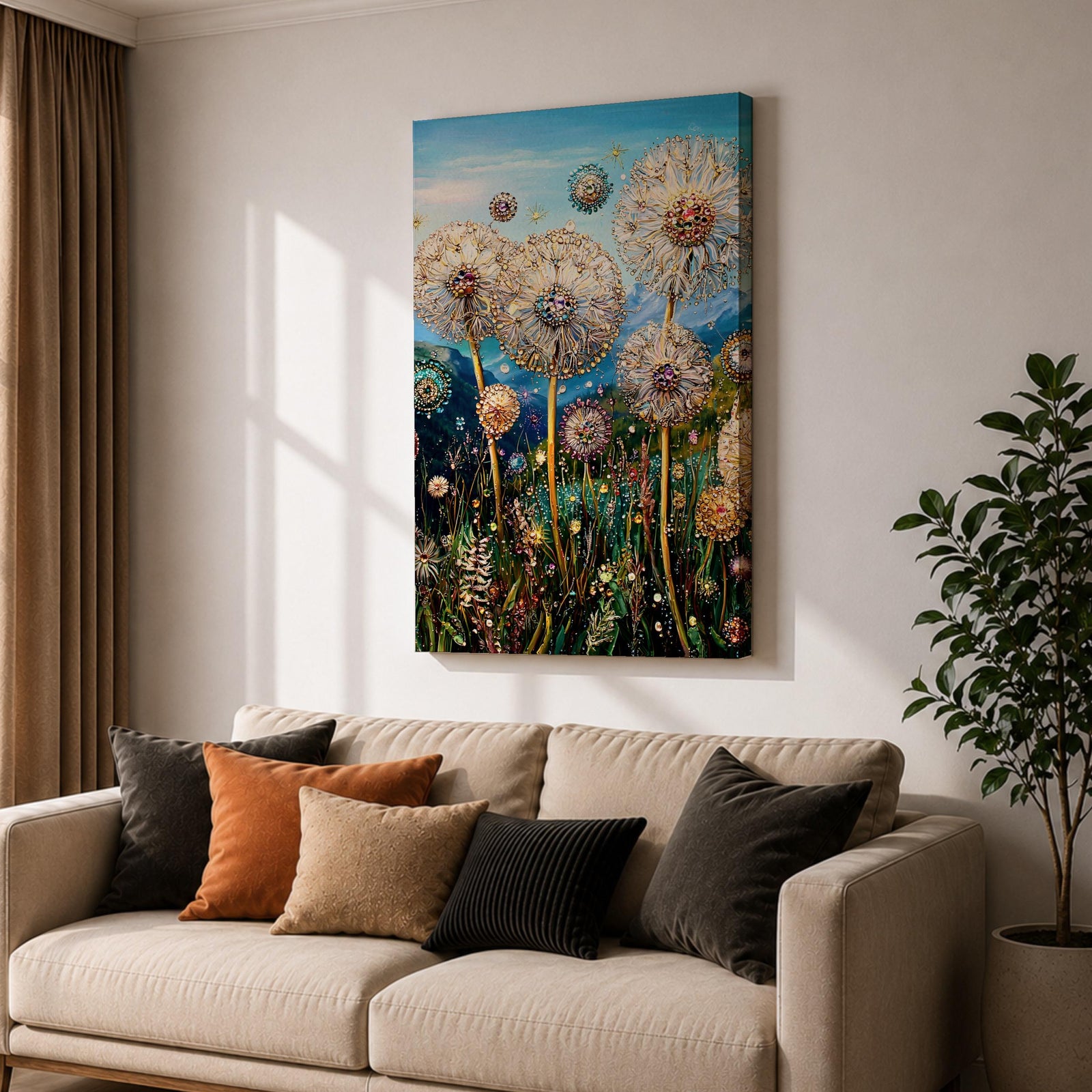 Tall dandelion flowers with spherical seed heads rise from a dense wildflower meadow filled with stems and small blossoms, rendered with intricate decorative detail resembling glasslike floral structures, set against distant mountains and an open sky, forming a layered botanical landscape composition.