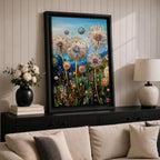 Tall dandelion flowers with spherical seed heads rise from a dense wildflower meadow filled with stems and small blossoms, rendered with intricate decorative detail resembling glasslike floral structures, set against distant mountains and an open sky, forming a layered botanical landscape composition.