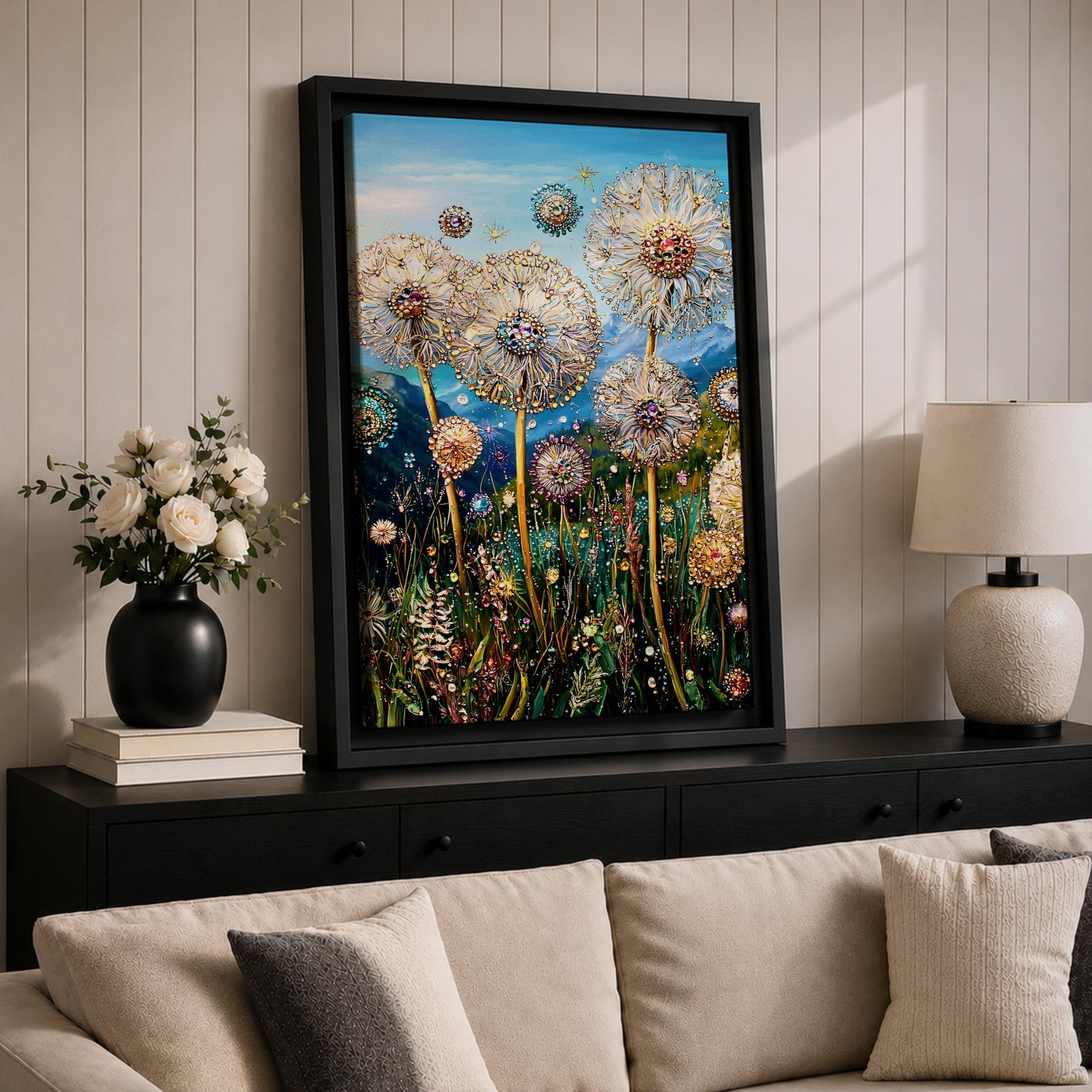 Tall dandelion flowers with spherical seed heads rise from a dense wildflower meadow filled with stems and small blossoms, rendered with intricate decorative detail resembling glasslike floral structures, set against distant mountains and an open sky, forming a layered botanical landscape composition.