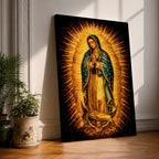 Traditional Our Lady of Guadalupe Catholic icon showing the Virgin Mary standing in prayer with hands clasped, surrounded by radiant sunburst rays. She wears a star covered mantle and flowing robe while standing on a crescent moon supported by an angel below, presented in a classic devotional religious composition associated with Mexican Catholic imagery.