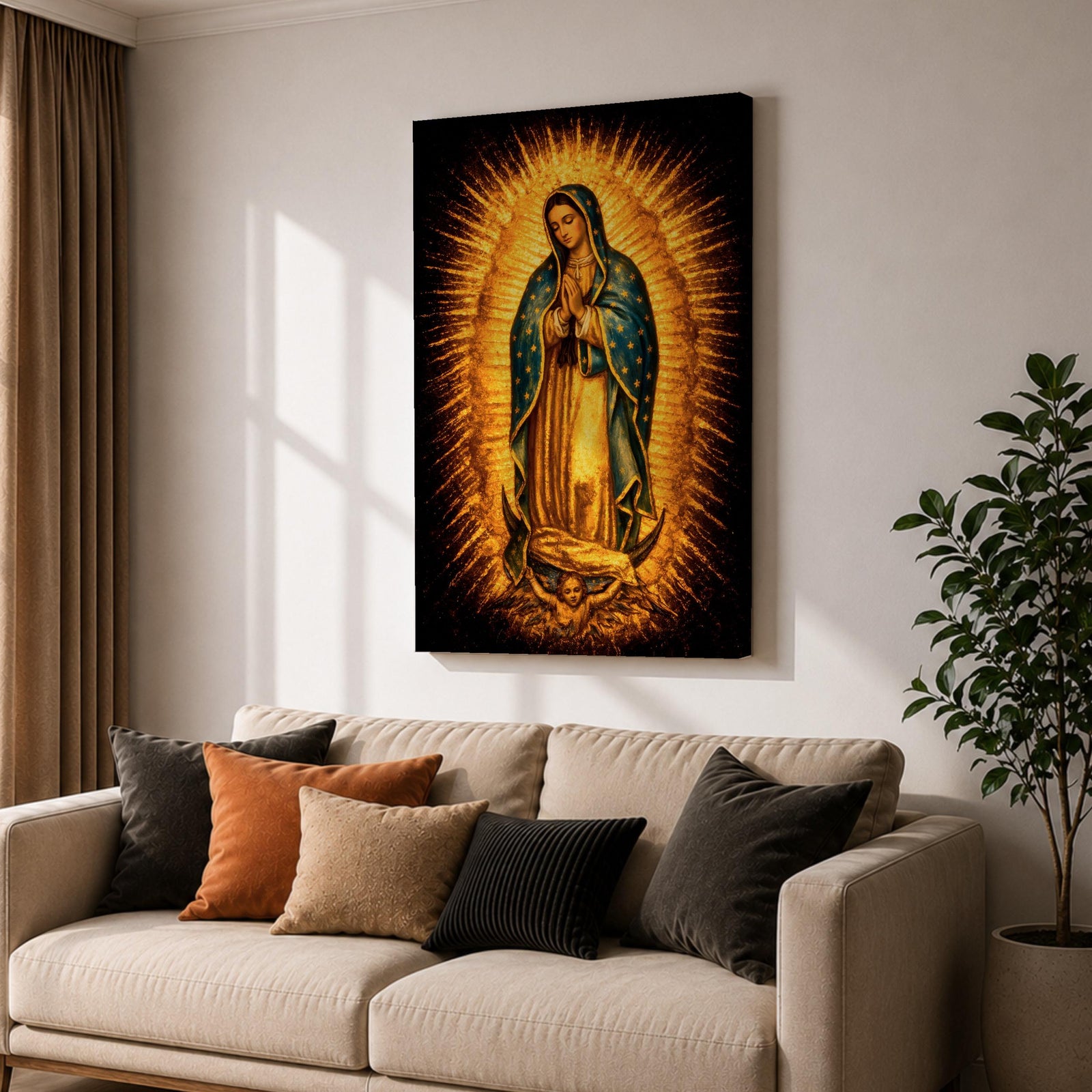 Traditional Our Lady of Guadalupe Catholic icon showing the Virgin Mary standing in prayer with hands clasped, surrounded by radiant sunburst rays. She wears a star covered mantle and flowing robe while standing on a crescent moon supported by an angel below, presented in a classic devotional religious composition associated with Mexican Catholic imagery.