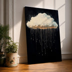 A framed canvas painting depicting a single rain cloud against a dark background with elongated raindrops dripping downward in a surreal style, emphasizing the contrast between the soft cloud and the delicate, elongated rain streaks, creating a moody and atmospheric nature-themed artwork.