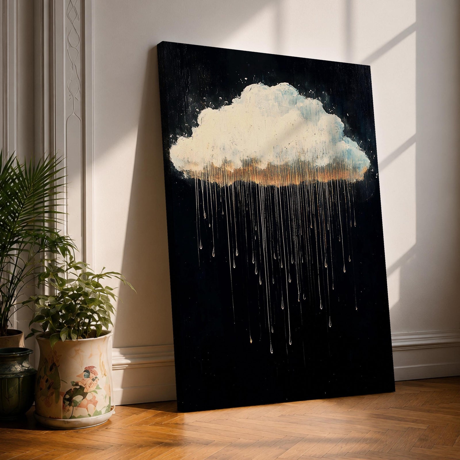 A framed canvas painting depicting a single rain cloud against a dark background with elongated raindrops dripping downward in a surreal style, emphasizing the contrast between the soft cloud and the delicate, elongated rain streaks, creating a moody and atmospheric nature-themed artwork.