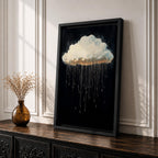 A framed canvas painting depicting a single rain cloud against a dark background with elongated raindrops dripping downward in a surreal style, emphasizing the contrast between the soft cloud and the delicate, elongated rain streaks, creating a moody and atmospheric nature-themed artwork.