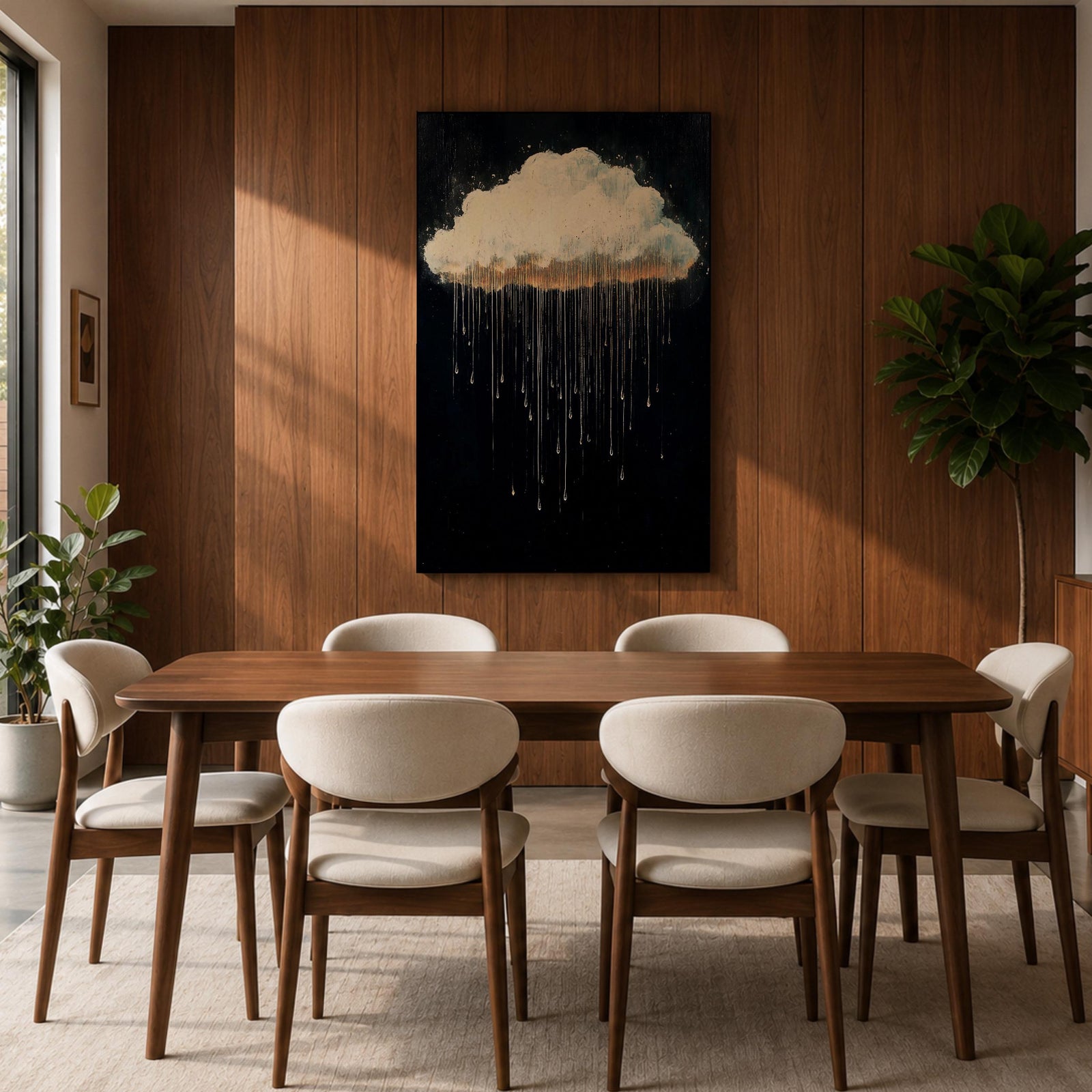 A framed canvas painting depicting a single rain cloud against a dark background with elongated raindrops dripping downward in a surreal style, emphasizing the contrast between the soft cloud and the delicate, elongated rain streaks, creating a moody and atmospheric nature-themed artwork.