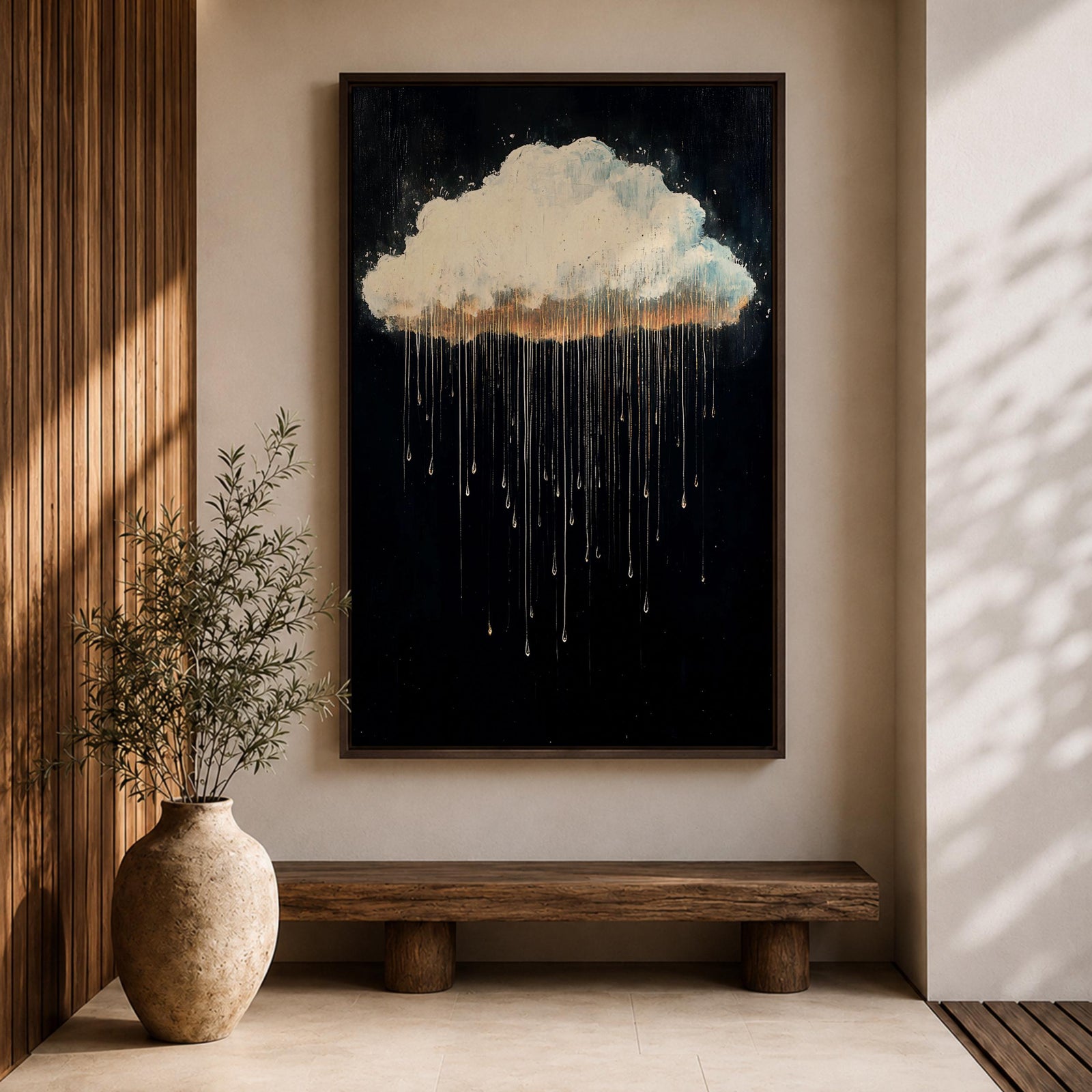 A framed canvas painting depicting a single rain cloud against a dark background with elongated raindrops dripping downward in a surreal style, emphasizing the contrast between the soft cloud and the delicate, elongated rain streaks, creating a moody and atmospheric nature-themed artwork.