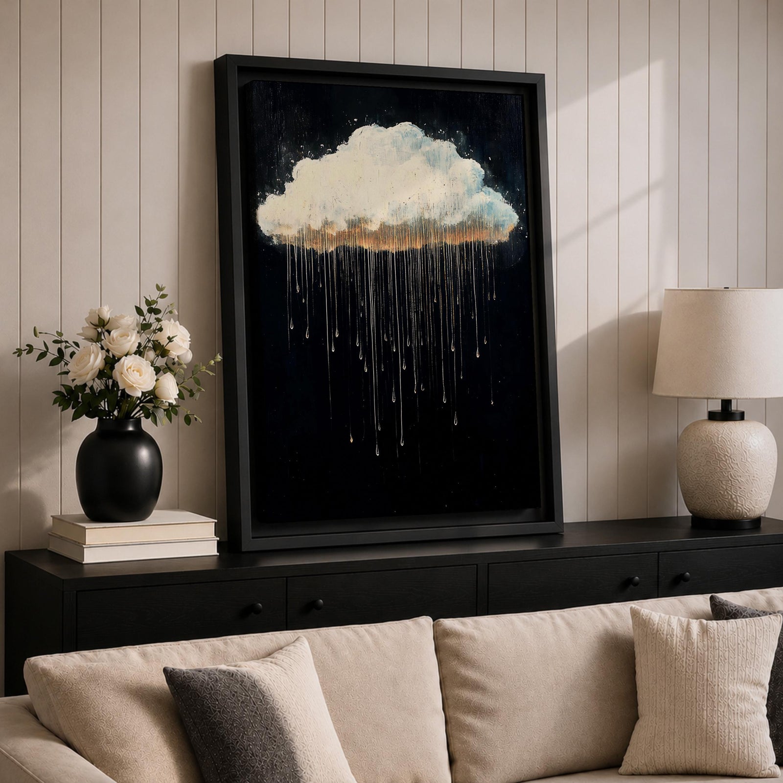 A framed canvas painting depicting a single rain cloud against a dark background with elongated raindrops dripping downward in a surreal style, emphasizing the contrast between the soft cloud and the delicate, elongated rain streaks, creating a moody and atmospheric nature-themed artwork.