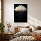 A framed canvas painting depicting a single rain cloud against a dark background with elongated raindrops dripping downward in a surreal style, emphasizing the contrast between the soft cloud and the delicate, elongated rain streaks, creating a moody and atmospheric nature-themed artwork.