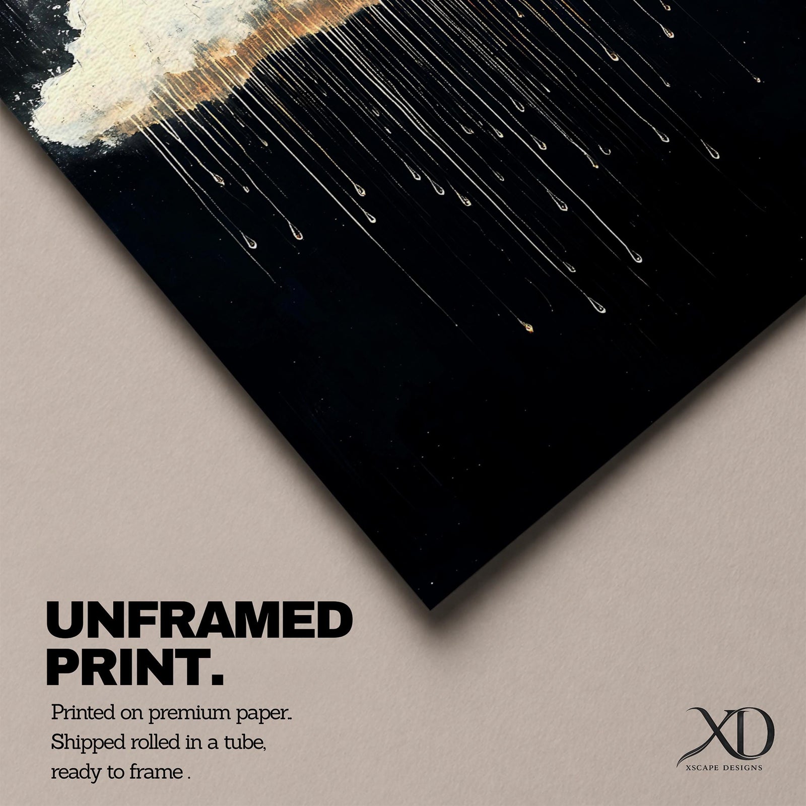 A framed canvas painting depicting a single rain cloud against a dark background with elongated raindrops dripping downward in a surreal style, emphasizing the contrast between the soft cloud and the delicate, elongated rain streaks, creating a moody and atmospheric nature-themed artwork.
