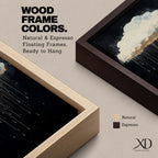 A framed canvas painting depicting a single rain cloud against a dark background with elongated raindrops dripping downward in a surreal style, emphasizing the contrast between the soft cloud and the delicate, elongated rain streaks, creating a moody and atmospheric nature-themed artwork.