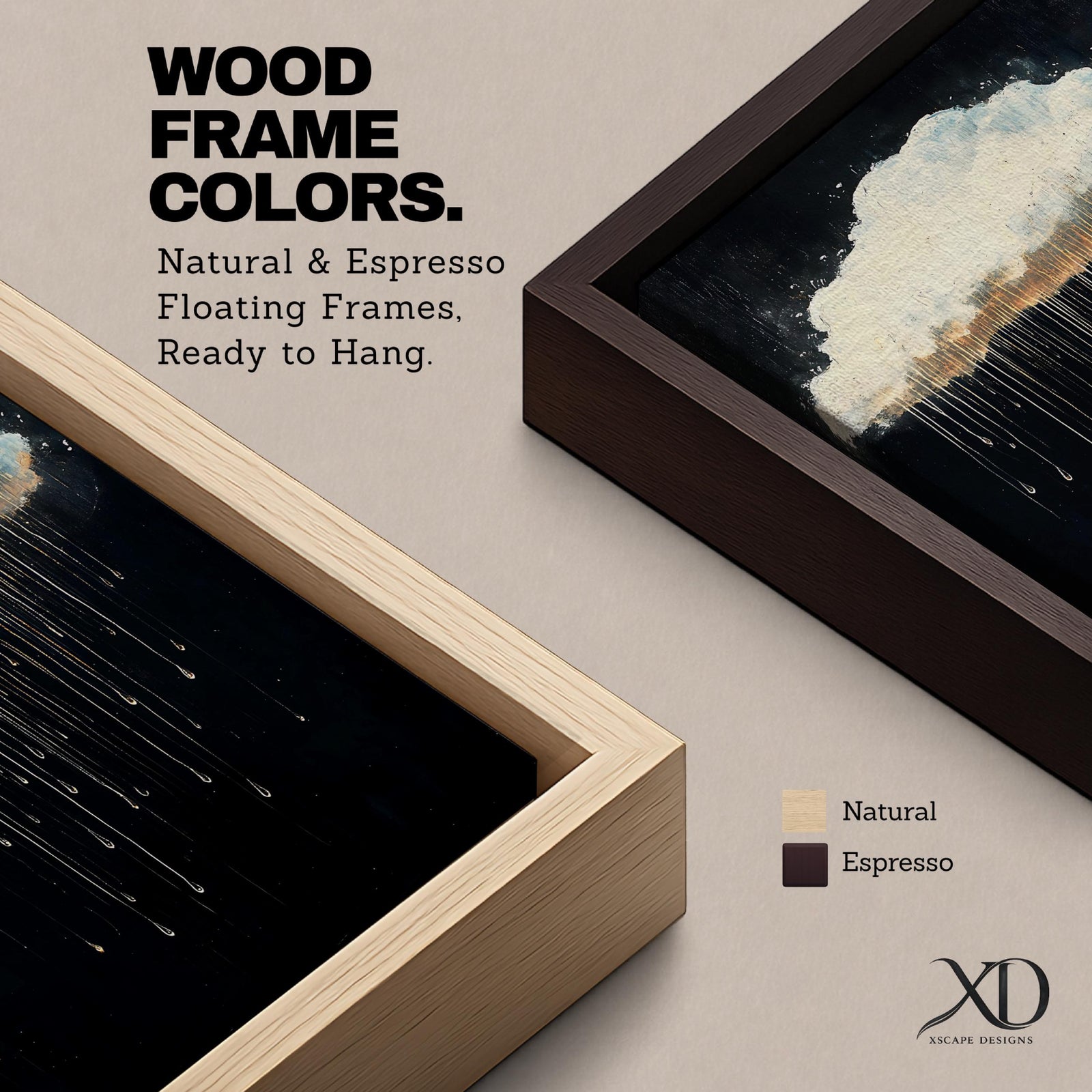 A framed canvas painting depicting a single rain cloud against a dark background with elongated raindrops dripping downward in a surreal style, emphasizing the contrast between the soft cloud and the delicate, elongated rain streaks, creating a moody and atmospheric nature-themed artwork.