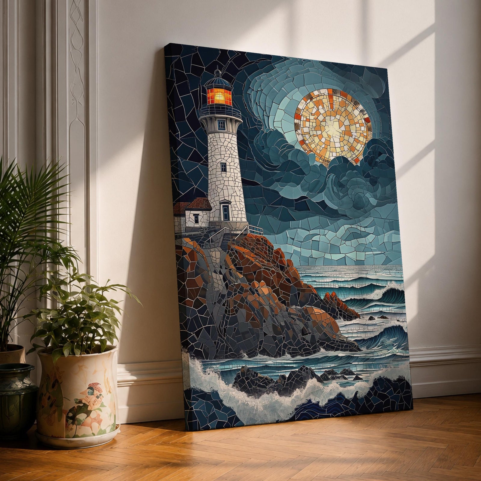 This artwork depicts a lighthouse on rocky cliffs overlooking the ocean with waves crashing below under a large glowing moon. The entire scene is rendered in a stained glass style with fragmented, colorful glass pieces forming the lighthouse, sky, moon, rocks, and sea, creating a mosaic effect.