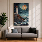 This artwork depicts a lighthouse on rocky cliffs overlooking the ocean with waves crashing below under a large glowing moon. The entire scene is rendered in a stained glass style with fragmented, colorful glass pieces forming the lighthouse, sky, moon, rocks, and sea, creating a mosaic effect.