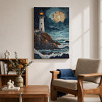 This artwork depicts a lighthouse on rocky cliffs overlooking the ocean with waves crashing below under a large glowing moon. The entire scene is rendered in a stained glass style with fragmented, colorful glass pieces forming the lighthouse, sky, moon, rocks, and sea, creating a mosaic effect.