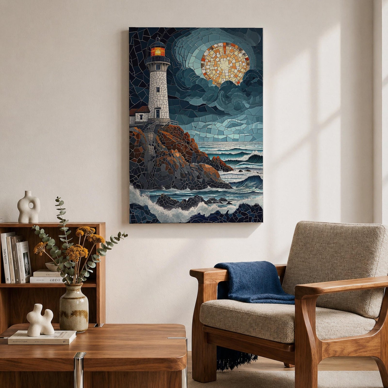 This artwork depicts a lighthouse on rocky cliffs overlooking the ocean with waves crashing below under a large glowing moon. The entire scene is rendered in a stained glass style with fragmented, colorful glass pieces forming the lighthouse, sky, moon, rocks, and sea, creating a mosaic effect.