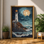 This artwork depicts a lighthouse on rocky cliffs overlooking the ocean with waves crashing below under a large glowing moon. The entire scene is rendered in a stained glass style with fragmented, colorful glass pieces forming the lighthouse, sky, moon, rocks, and sea, creating a mosaic effect.