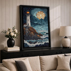 This artwork depicts a lighthouse on rocky cliffs overlooking the ocean with waves crashing below under a large glowing moon. The entire scene is rendered in a stained glass style with fragmented, colorful glass pieces forming the lighthouse, sky, moon, rocks, and sea, creating a mosaic effect.