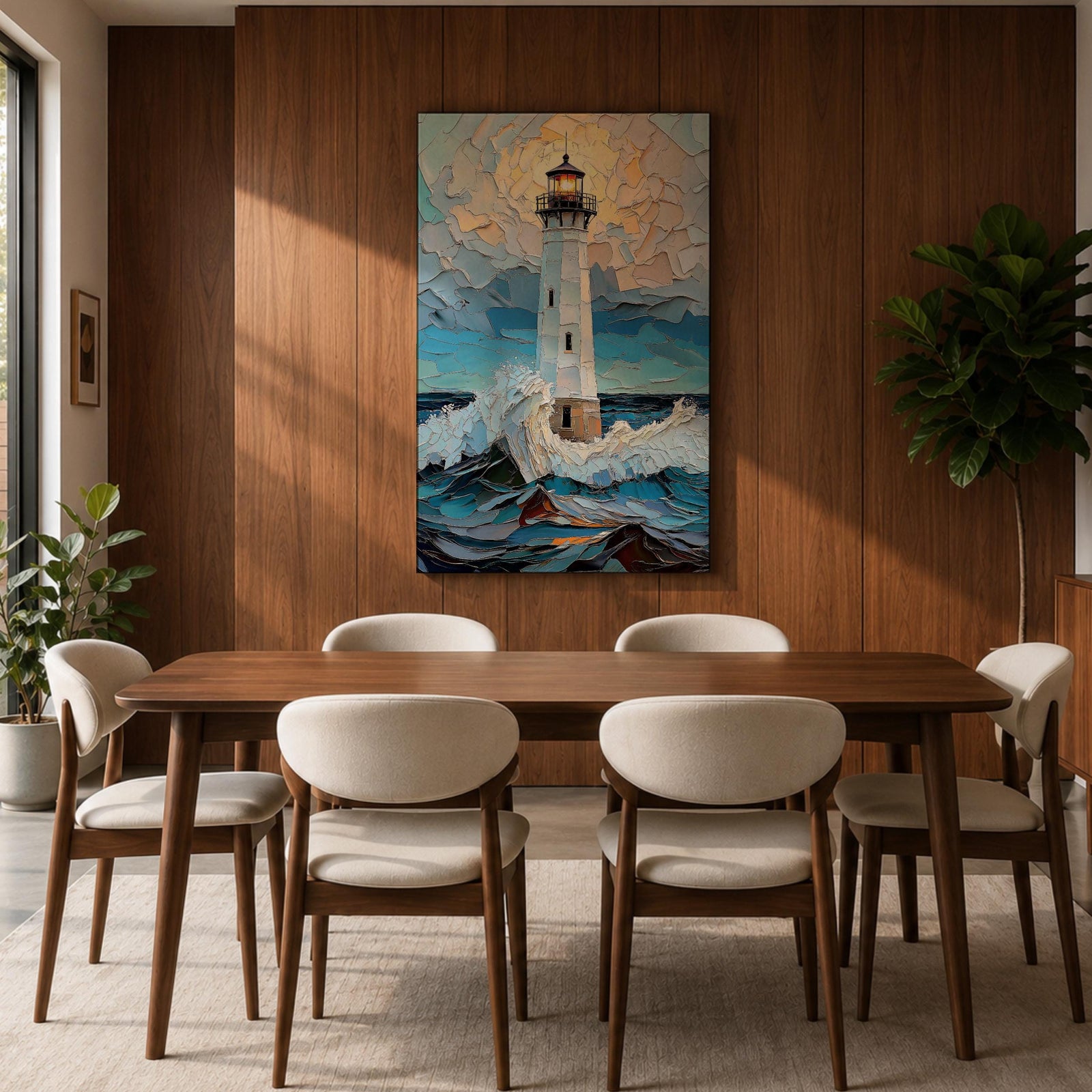 This artwork depicts a lighthouse standing tall amidst crashing ocean waves under a textured sky, rendered in a mosaic style with fragmented, tile-like elements creating depth and movement. The lighthouse light glows warmly, contrasting with the dynamic sea and sky, capturing a vibrant coastal scene.
