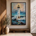 This artwork depicts a lighthouse standing tall amidst crashing ocean waves under a textured sky, rendered in a mosaic style with fragmented, tile-like elements creating depth and movement. The lighthouse light glows warmly, contrasting with the dynamic sea and sky, capturing a vibrant coastal scene.