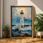 This artwork depicts a lighthouse standing tall amidst crashing ocean waves under a textured sky, rendered in a mosaic style with fragmented, tile-like elements creating depth and movement. The lighthouse light glows warmly, contrasting with the dynamic sea and sky, capturing a vibrant coastal scene.