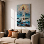 This artwork depicts a lighthouse standing tall amidst crashing ocean waves under a textured sky, rendered in a mosaic style with fragmented, tile-like elements creating depth and movement. The lighthouse light glows warmly, contrasting with the dynamic sea and sky, capturing a vibrant coastal scene.