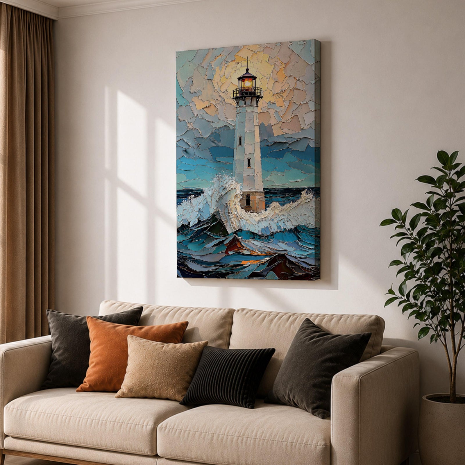 This artwork depicts a lighthouse standing tall amidst crashing ocean waves under a textured sky, rendered in a mosaic style with fragmented, tile-like elements creating depth and movement. The lighthouse light glows warmly, contrasting with the dynamic sea and sky, capturing a vibrant coastal scene.