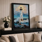 This artwork depicts a lighthouse standing tall amidst crashing ocean waves under a textured sky, rendered in a mosaic style with fragmented, tile-like elements creating depth and movement. The lighthouse light glows warmly, contrasting with the dynamic sea and sky, capturing a vibrant coastal scene.