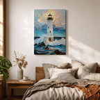 This artwork depicts a lighthouse standing tall amidst crashing ocean waves under a textured sky, rendered in a mosaic style with fragmented, tile-like elements creating depth and movement. The lighthouse light glows warmly, contrasting with the dynamic sea and sky, capturing a vibrant coastal scene.