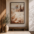 Sepia toned painting of the Dome of the Rock within the Masjid Al Aqsa compound rising above the historic stone walls of Jerusalem Old City, with the domed mosque and surrounding architecture overlooking ancient terraces and tall trees in a textured classical style.