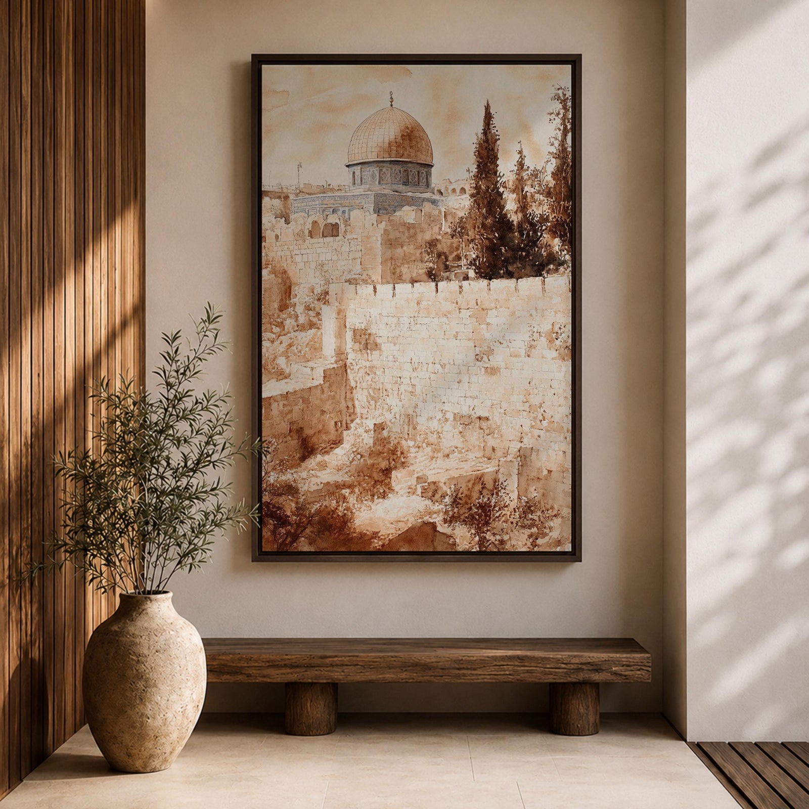 Sepia toned painting of the Dome of the Rock within the Masjid Al Aqsa compound rising above the historic stone walls of Jerusalem Old City, with the domed mosque and surrounding architecture overlooking ancient terraces and tall trees in a textured classical style.
