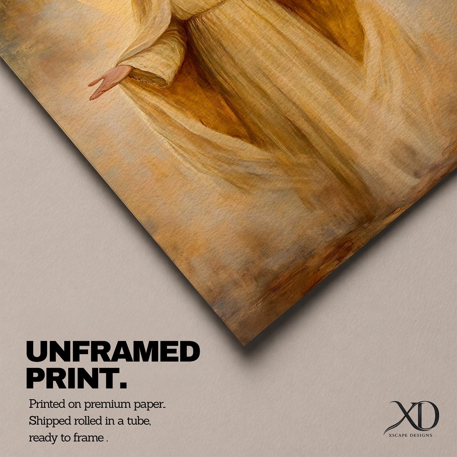 A vintage-style framed canvas depicting the Virgin Mary as Our Lady of Grace with outstretched arms and a glowing halo, rendered in warm tones with soft textures and classical religious iconography.