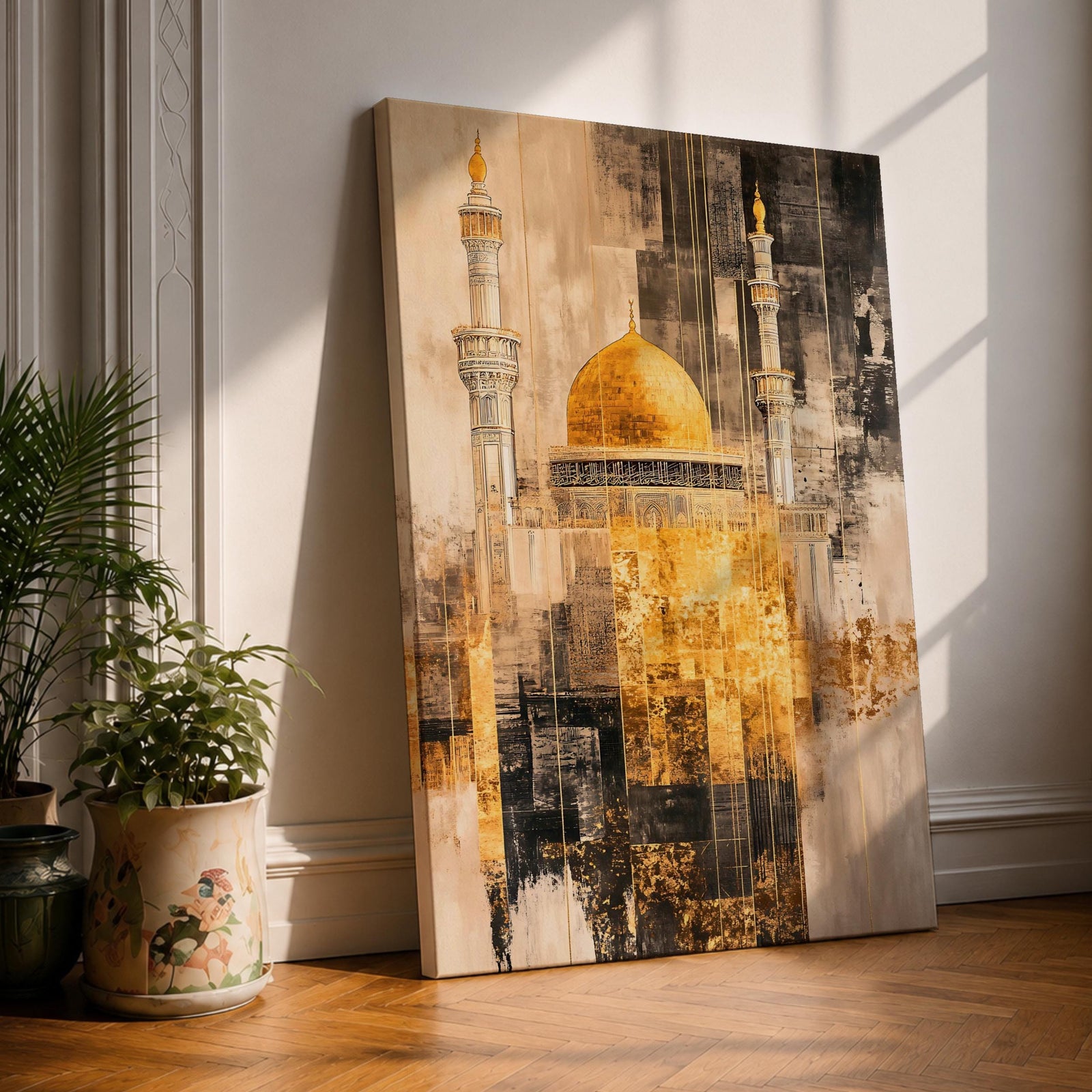 Abstract textured artwork of the Jerusalem mosque with its iconic golden dome and tall minarets emerging through layered sepia and gold tones, creating a dramatic Islamic architectural composition with vintage distressed textures.