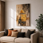 Abstract textured artwork of the Jerusalem mosque with its iconic golden dome and tall minarets emerging through layered sepia and gold tones, creating a dramatic Islamic architectural composition with vintage distressed textures.