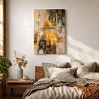 Abstract textured artwork of the Jerusalem mosque with its iconic golden dome and tall minarets emerging through layered sepia and gold tones, creating a dramatic Islamic architectural composition with vintage distressed textures.