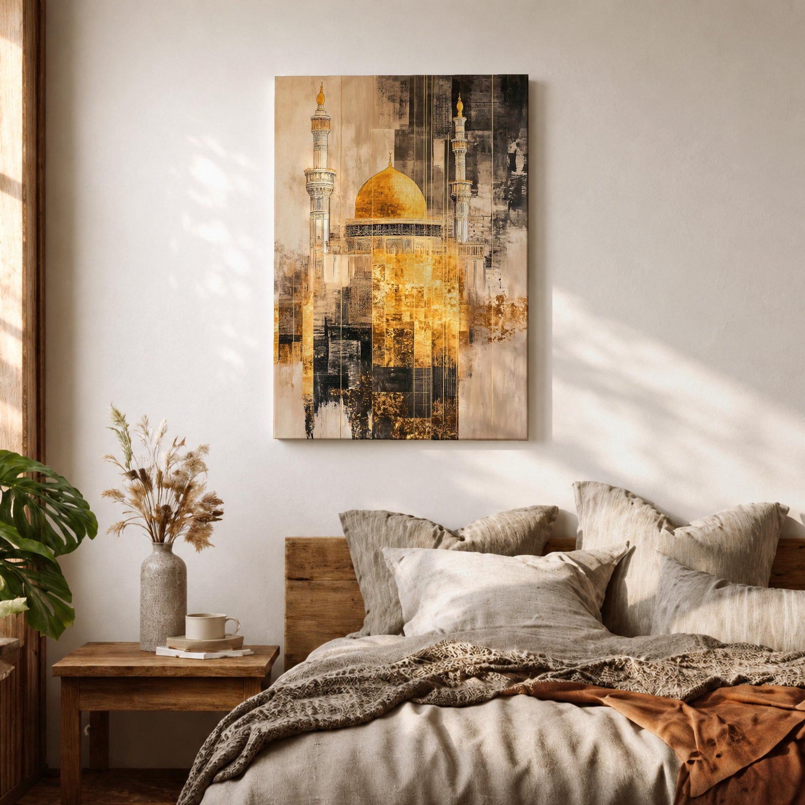 Abstract textured artwork of the Jerusalem mosque with its iconic golden dome and tall minarets emerging through layered sepia and gold tones, creating a dramatic Islamic architectural composition with vintage distressed textures.